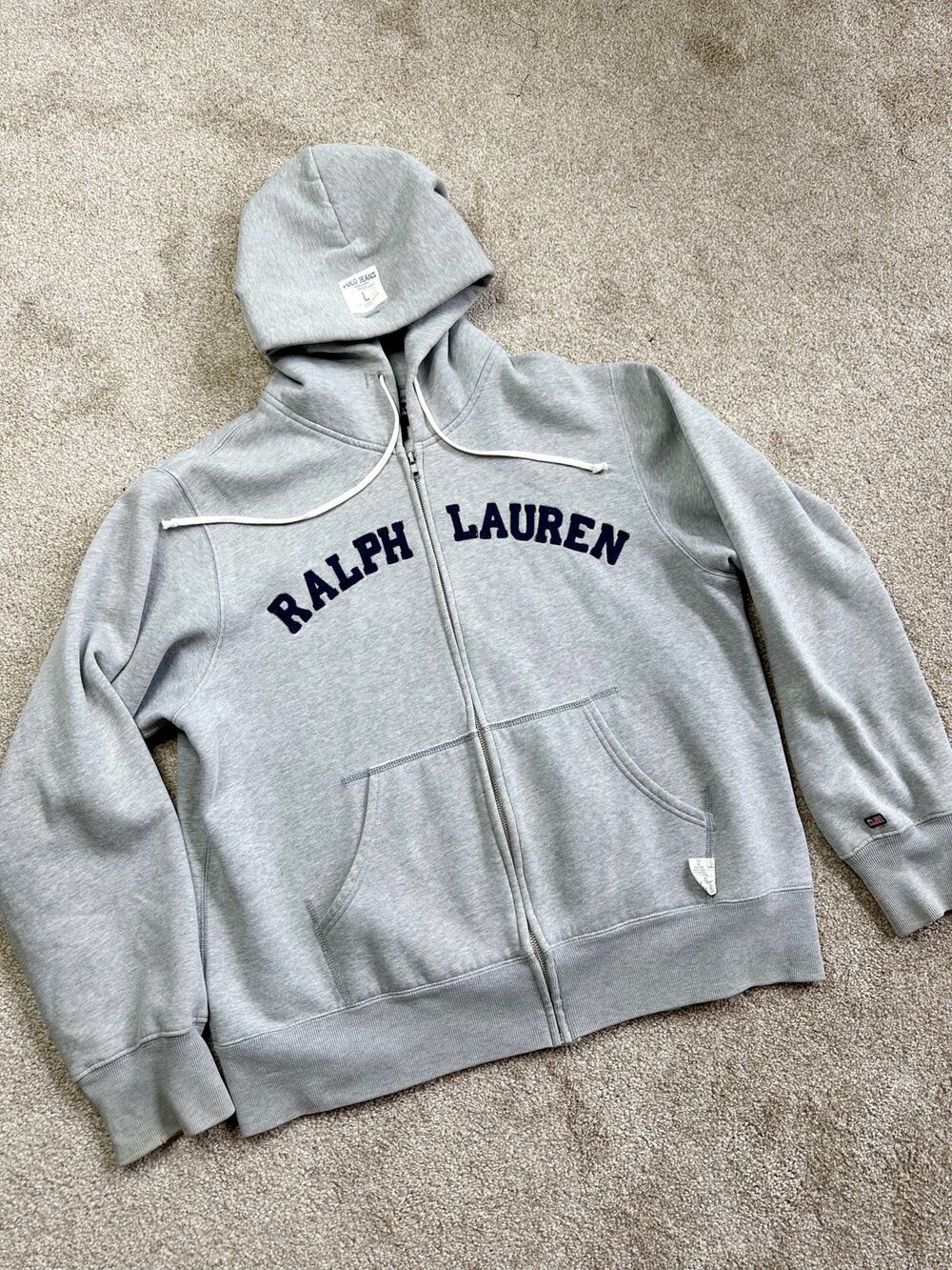 Polo Jeans Ralph Lauren Spellout Logo Zip Front Gray Hoodie Size Large Vintage